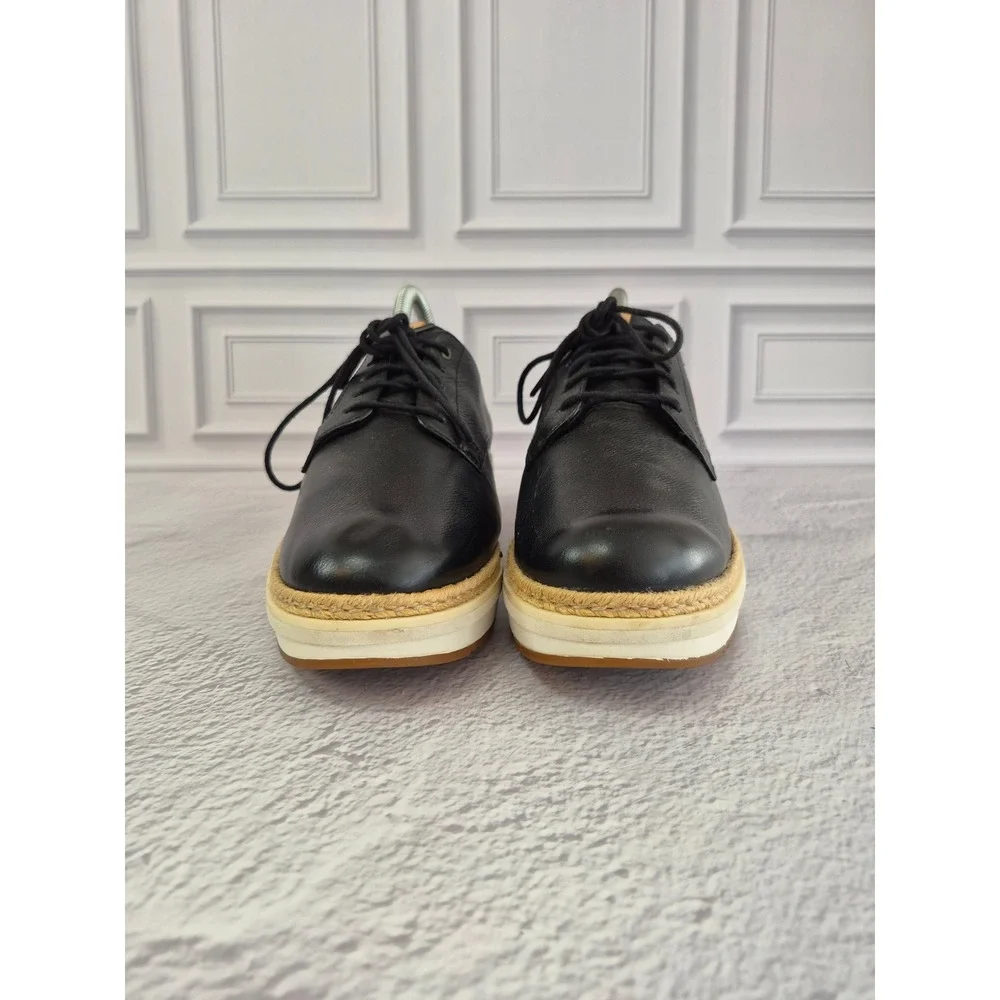 Clarks Womens Teadale Black Leather Platform Oxford Wedge Jute Trim Size 9.5 M